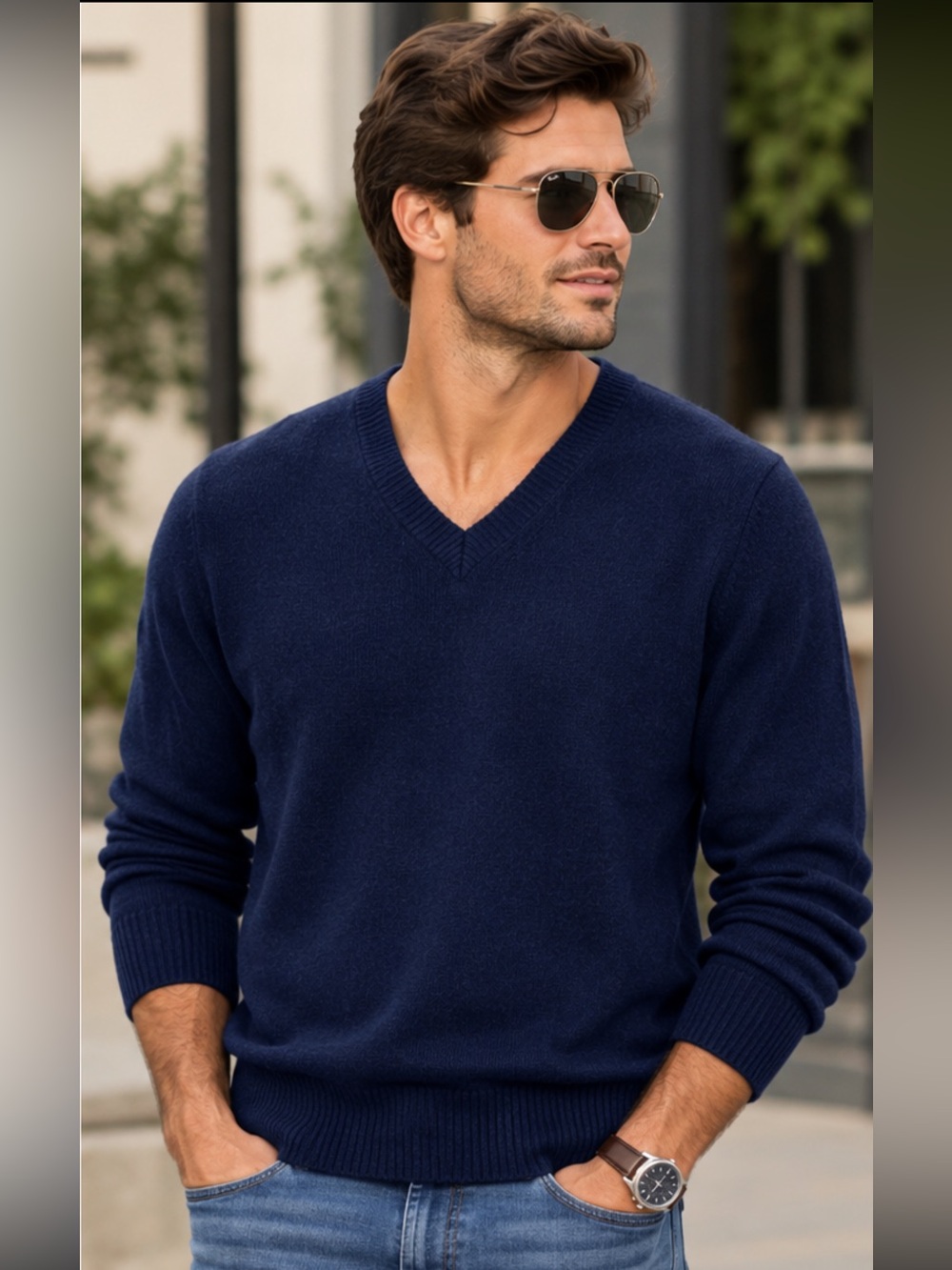 Men Vintage 90s Neil Norman 100% cashmere navy blue Medium Sweater Quiet Luxury